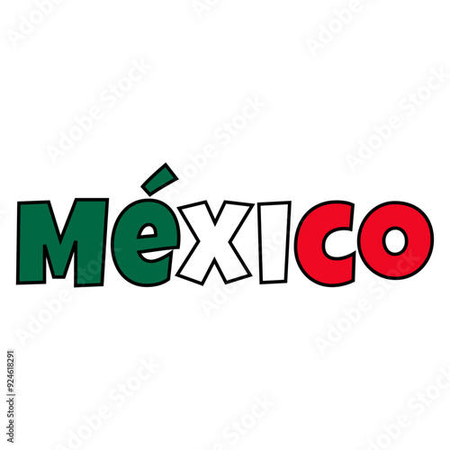 Día de la Independencia de México. Letras palabra México en texto manuscrito con línea exterior y relleno con los colores de la bandera de México