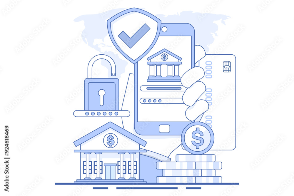Obraz premium Concept of online banking or saving money online, mobile bill payment, mobile wallet, start-up business project, online survey, business planning. flat vector illustration on background.