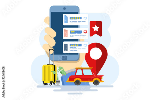 The concept of choosing hotels and rooms online booking images, Browse searches or choose hotels, inns and apartments via the internet, Concept of travel, holidays and accommodation. flat vector.