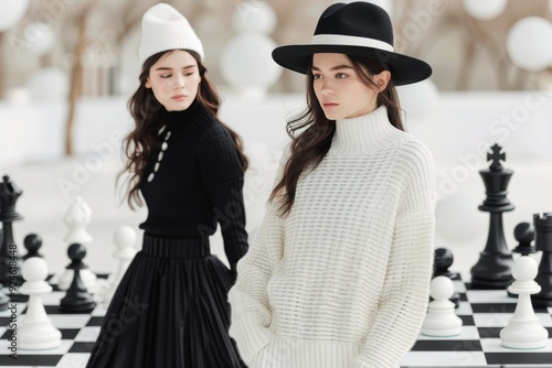 Fashion Models in Black and White Attire on a Chessboard Set