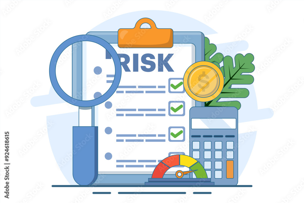 Financial risk concept, counting money, calculating loan or debt payments, investment risk, spending money concept, calculating financial risk graph, flat vector illustration on background. Financial risk concept, counting money, calculating loan or debt payments, investment risk, spending money concept, calculating financial risk graph, flat vector illustration on background.