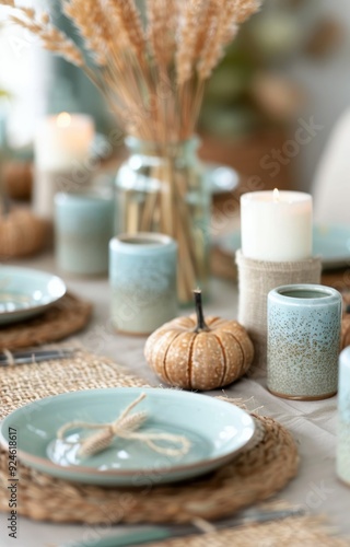 Elegant Autumn-Themed Dinner Table Setting With Candles and Decorative Pumpkins