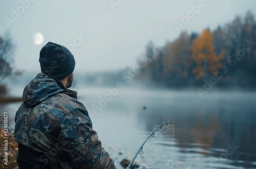 Early Morning Fisherman Casting Line on Tranquil River in Autumn