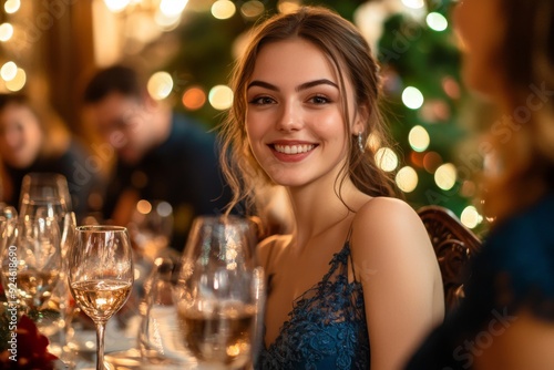 A woman sitting at a table with friends during a Christmas dinner party  