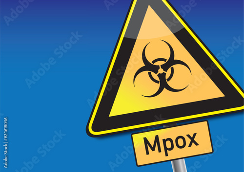 Mpox virus epidemic - attention sign on blue background