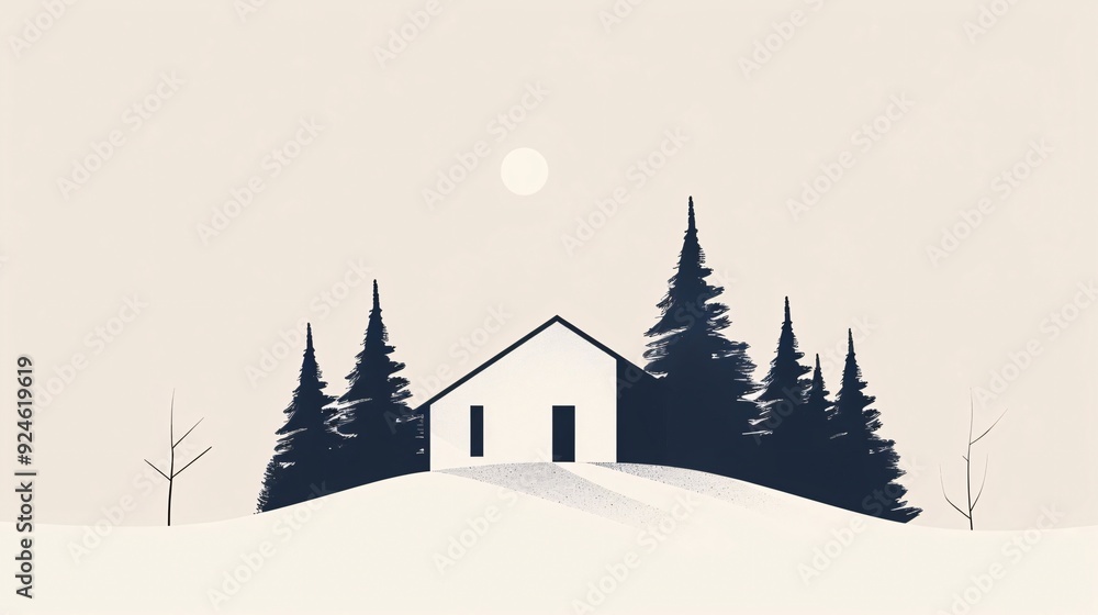 Naklejka premium Minimalist Winter Landscape: A House in the Snowy Woods