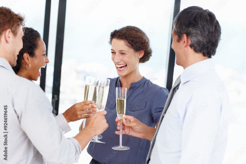 Employees, people and toast with champagne glasses in office for success, celebration and achievement. Business, partnership and excited or happy with alcohol for teamwork, collaboration and cheers Employees, people and toast with champagne glasses in office for success, celebration and achievement. Business, partnership and excited or happy with alcohol for teamwork, collaboration and cheers