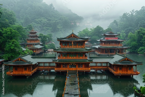 Chinese Pagoda Buildings on a Lake Surrounded by Green Mountains