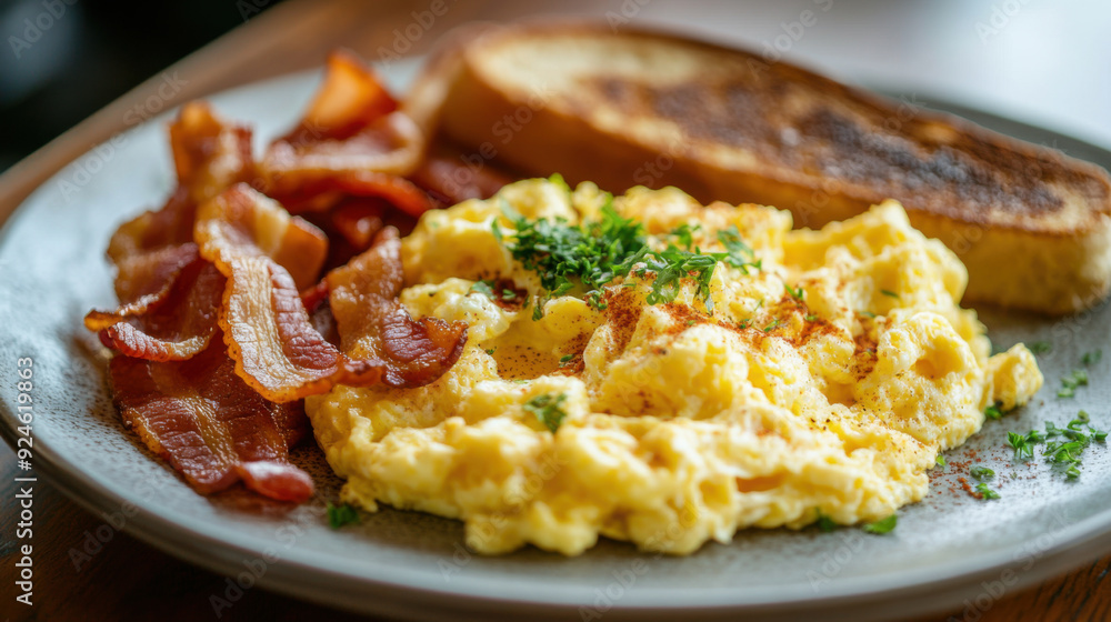 A beautifully arranged breakfast plate with fluffy scrambled eggs, crispy bacon, and golden toast