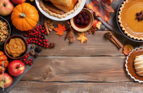 Thanksgiving Feast With Roasted Turkey, Pumpkin Pie, and Side Dishes on Rusti...