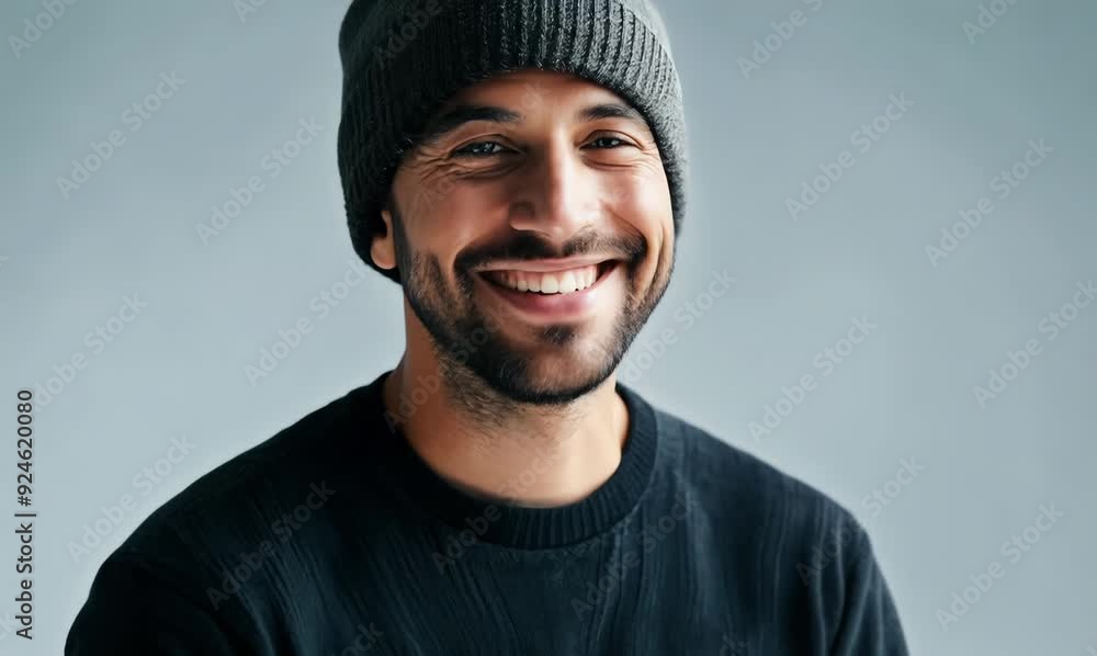 Portrait of a happy young man in a knitted hat. Portrait of a happy young man in a knitted hat.