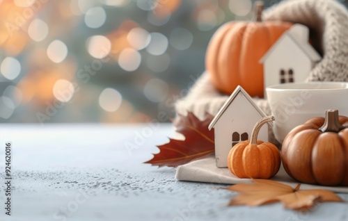 Cozy Autumn Decor With Pumpkins, Red Leaves, and Cute Houses