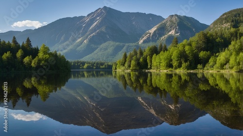 Lake Design. Reflective lake with calm water mirroring the surrounding landscape of mountains, trees, and sky. Stunning Style photo