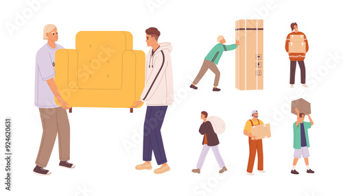 Loaders with boxes to move set. Workers carrying and pushing cardboards, bags and furniture. Couriers deliver, loading heavy packages, parcels. Flat isolated vector illustrations on white background