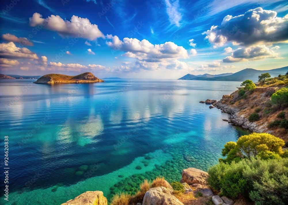 Fototapeta premium Aegean Serenity: Tranquil seascapes with soft blues, evocative of the Mediterranean's calming embrace.