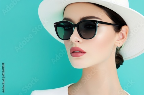 Fashion Model Wearing White Hat and Sunglasses Against Light Blue Background