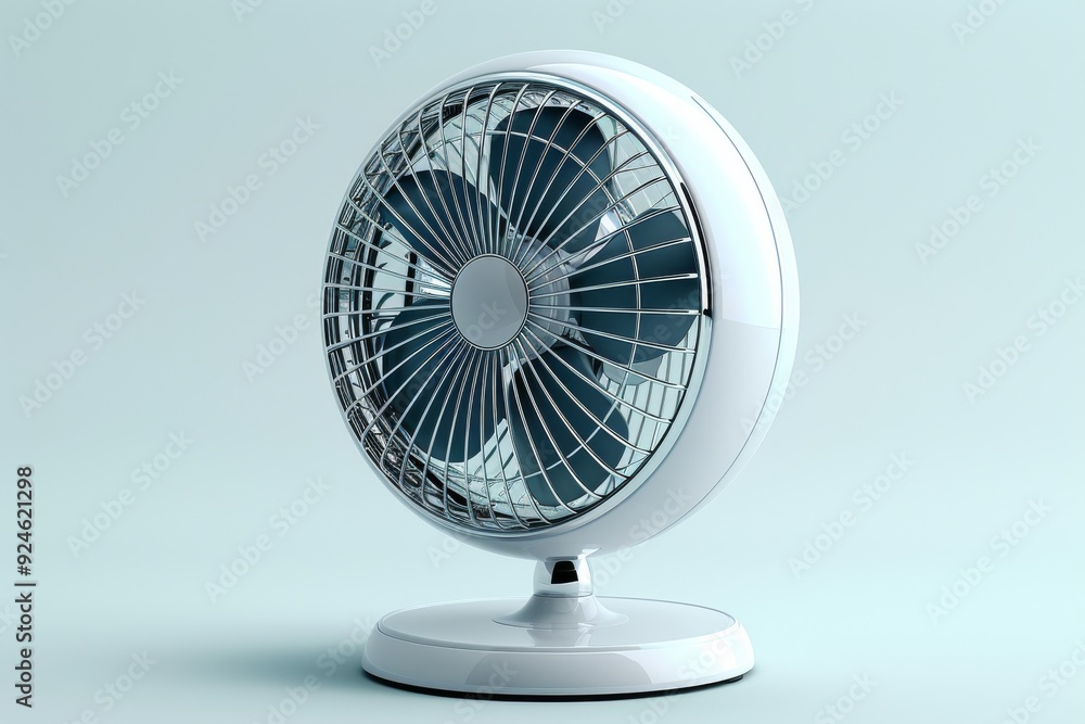 Obraz premium White electric fan placed on a matching white table, complementing contemporary home decor.