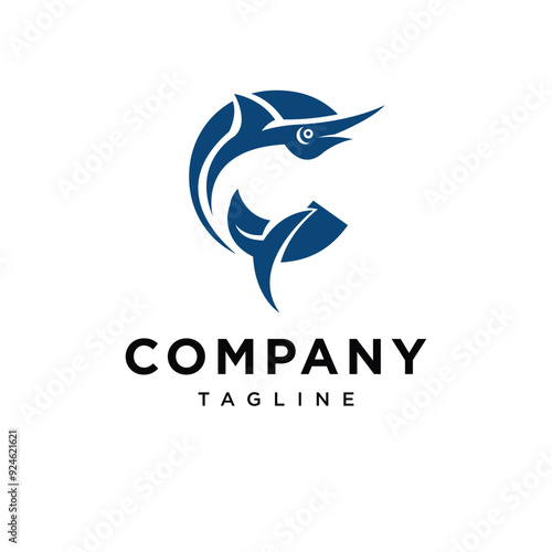 Letter C Blue Marlin Fish Logo Icon Vector