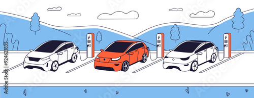 Refuel of electric cars horizontal banner. Electro automobiles charger. Charging station of eco clean auto with sustainable energy. Ecofriendly transport recharging. Flat outline vector illustration