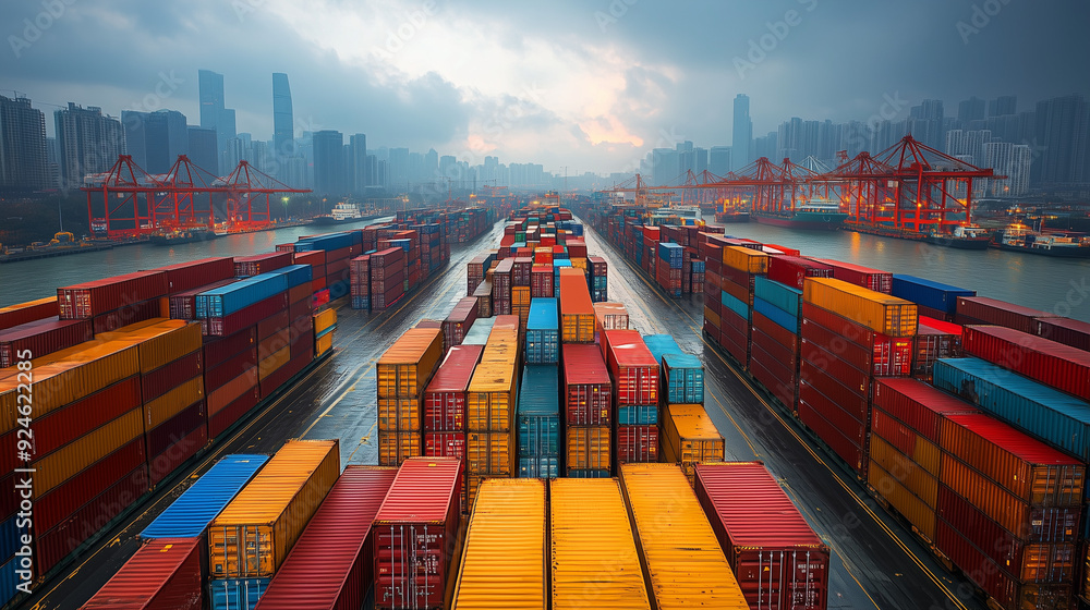 Global Trade: Rows of vibrant shipping containers line a bustling port, with skyscrapers and cranes in the background, capturing the essence of international commerce and global logistics.