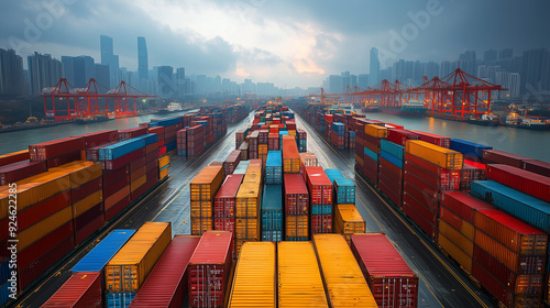 Obraz na płótnie Global Trade: Rows of vibrant shipping containers line a bustling port, with skyscrapers and cranes in the background, capturing the essence of international commerce and global logistics. w salonie