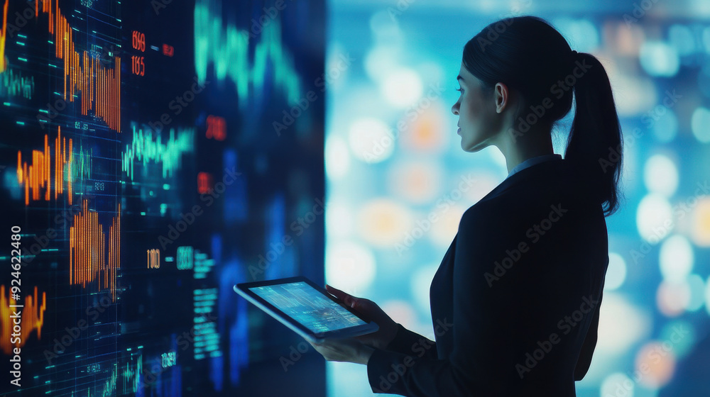 A businesswoman analyzing data on a digital tablet while standing in front of a large, A businesswoman analyzing data on a digital tablet while standing in front of a large,