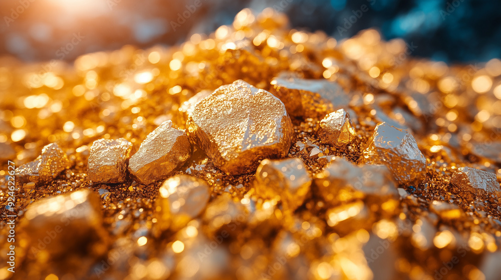 Golden Treasure: A mountain of shimmering gold nuggets gleams under the warm sunlight, embodying wealth, luxury, and the allure of precious metals. Golden Treasure: A mountain of shimmering gold nuggets gleams under the warm sunlight, embodying wealth, luxury, and the allure of precious metals.