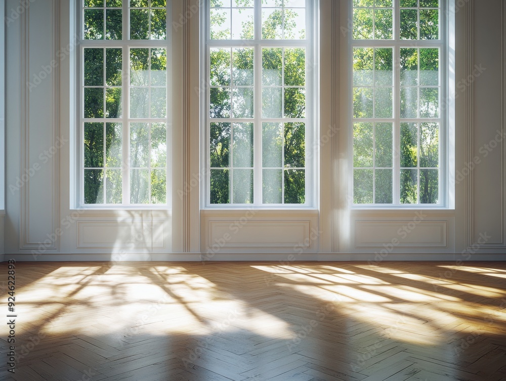 Fototapeta premium A large room with three windows and a wooden floor