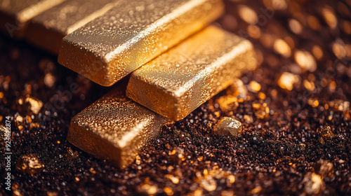 Gold Bars and Nuggets: A close-up view of three gleaming gold bars, resting atop a bed of glistening nuggets, evokes wealth, security, and success. This image is perfect for illustrating financial con