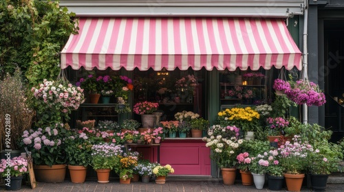 Fototapeta Naklejka Na Ścianę i Meble -  Beautiful flower shop with different housplants and flowers in city,flowers at a florist,decoration colorful flowers street shop,Facade of cute small flower shop,The business,plant shop.