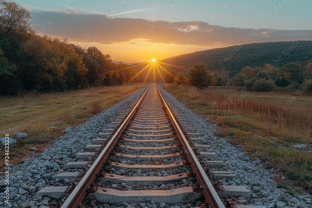 Fototapeta premium Railroad tracks through a rural landscape at sunset