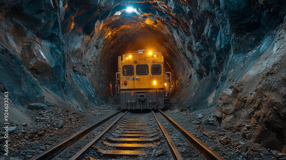 Naklejka premium Train in Tunnel: A powerful locomotive emerges from the darkness of a tunnel, its headlights piercing the shadows, symbolizing the journey of progress and perseverance. The rugged rock walls and the n