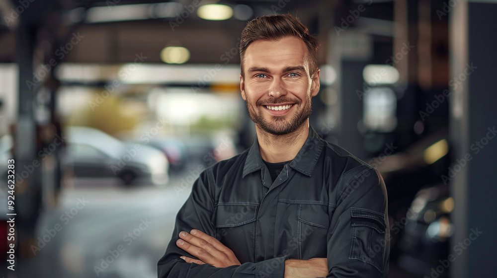 A smiling male auto mechanic in uniform at a service station A smiling male auto mechanic in uniform at a service station