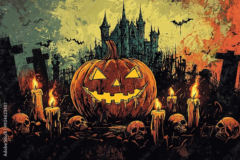 Fototapeta premium Halloween Pumpkins at cemetery with Haunted mansion in the background. Generative Ai illustration