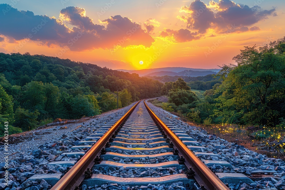 Fototapeta premium Railroad tracks through a beautiful landscape at sunset