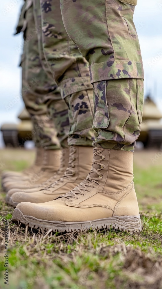 Soldiers in camouflage uniforms stand prepared with tanks stationed behind them during a military exercise Soldiers in camouflage uniforms stand prepared with tanks stationed behind them during a military exercise
