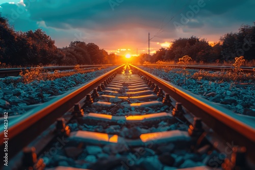 Railroad tracks vanishing into the horizon at sunset photo