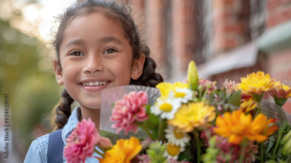 A first-grader girl with a large bouquet of flowers and a joyful smile against the backdrop of a school building A first-grader girl with a large bouquet of flowers and a joyful smile against the backdrop of a school building