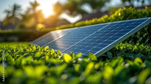 Solar Panels on Modern House Roof with Lush Green Garden Below in Bright Daylight