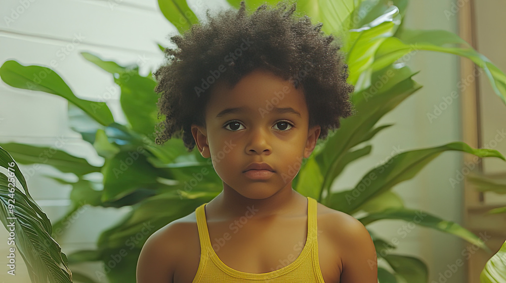 A young child with curly hair gazes thoughtfully amidst vibrant green plants, embodying innocence and curiosity in a natural setting. A young child with curly hair gazes thoughtfully amidst vibrant green plants, embodying innocence and curiosity in a natural setting.