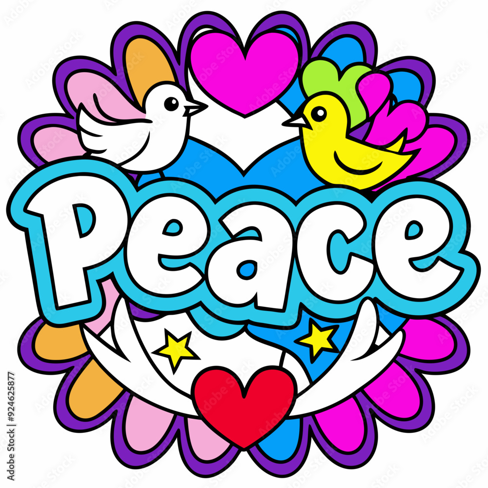 Bold 'peace' text with colorful doves and hearts, outlined in white, perfect for uplifting T-shirts. Bold 'peace' text with colorful doves and hearts, outlined in white, perfect for uplifting T-shirts.