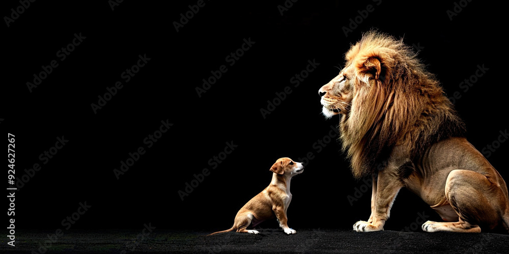 Fototapeta premium Lion with a small dog on a solid background