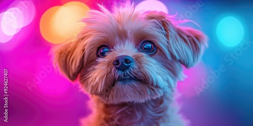 Close-up Portrait of a Small Dog with Bokeh Lights photo