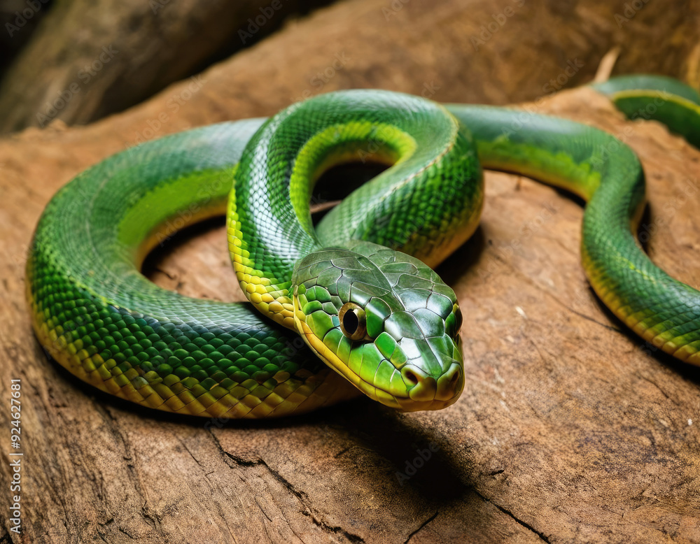 A vibrant green tree snake is coiled on a wooden log, showcasing its smooth scales and striking coloration in a lush environment. A vibrant green tree snake is coiled on a wooden log, showcasing its smooth scales and striking coloration in a lush environment.