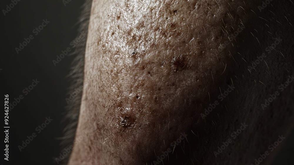 A detailed close-up reveals the skin's texture, showcasing irregularities and fine hair, illuminated by soft, natural lighting A detailed close-up reveals the skin's texture, showcasing irregularities and fine hair, illuminated by soft, natural lighting