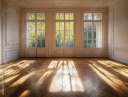 A large room with three windows and a lot of sunlight