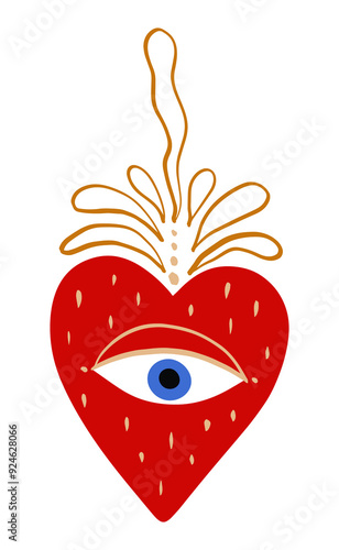 Magical boho sacred heart with Nazar blue eye, love peace Valentine freedom symbol concept, hand-drawn editable saint amulet isolated on white background, vector clipart illustration.