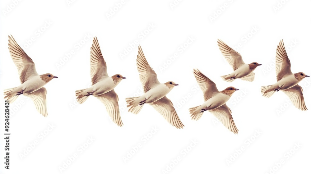 Obraz premium Graceful Birds in Flight Against a Soft White Background