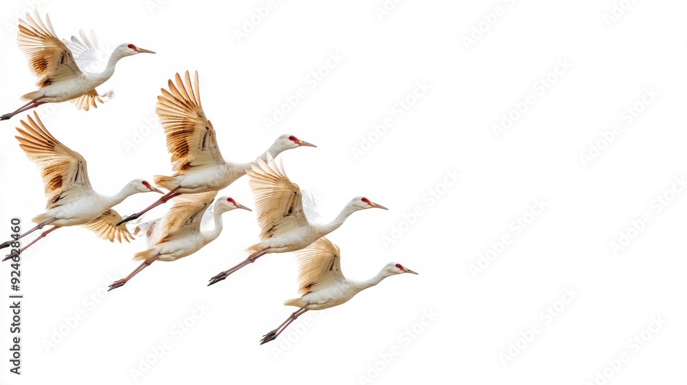 Fototapeta premium Majestic Cranes in Flight Against a Serene White Background