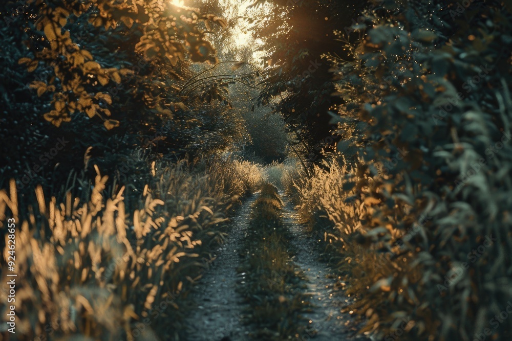 A serene landscape featuring a dirt road surrounded by tall grass and trees A serene landscape featuring a dirt road surrounded by tall grass and trees